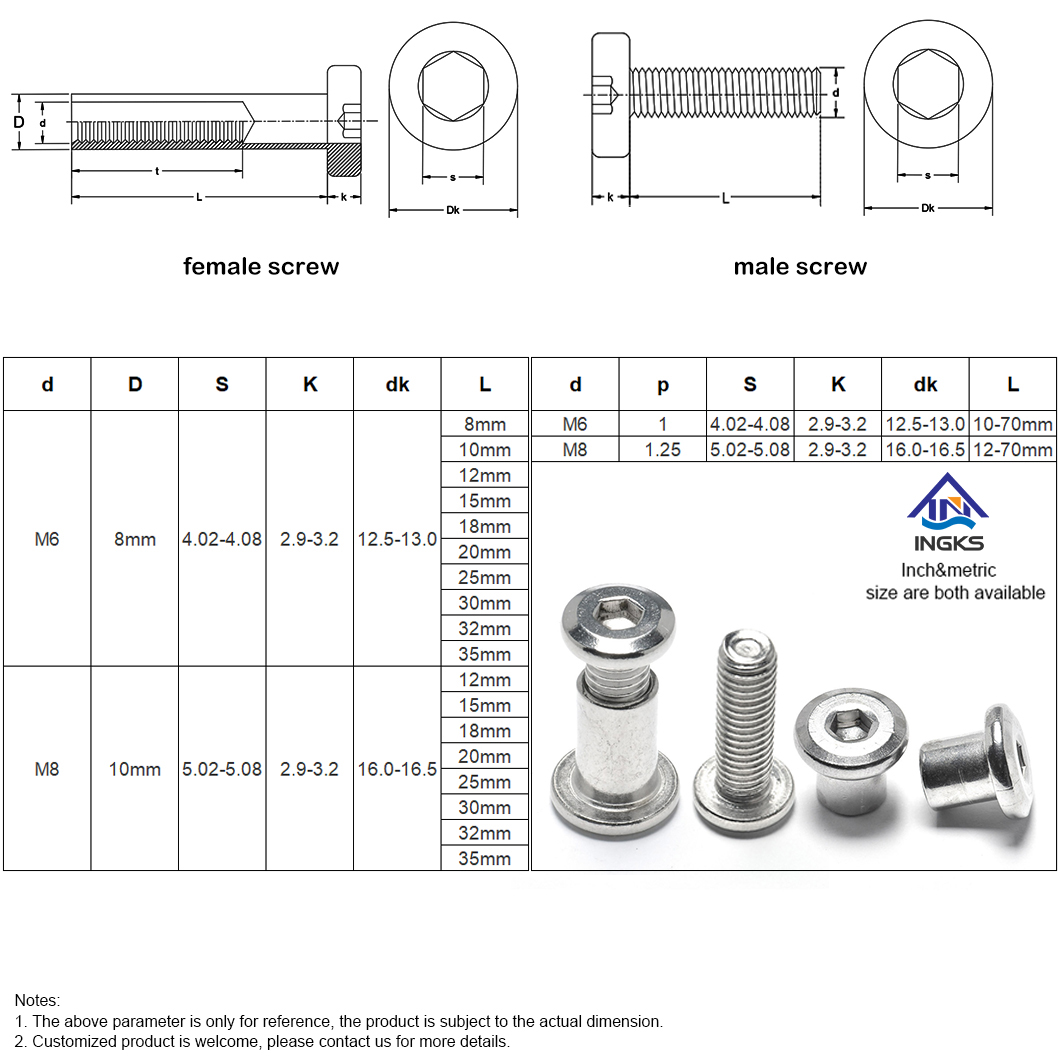 Parafuso sextavado de cabeça plana chanfrada + soquete sextavado de cabeça plana macho Screw-6A-6S1