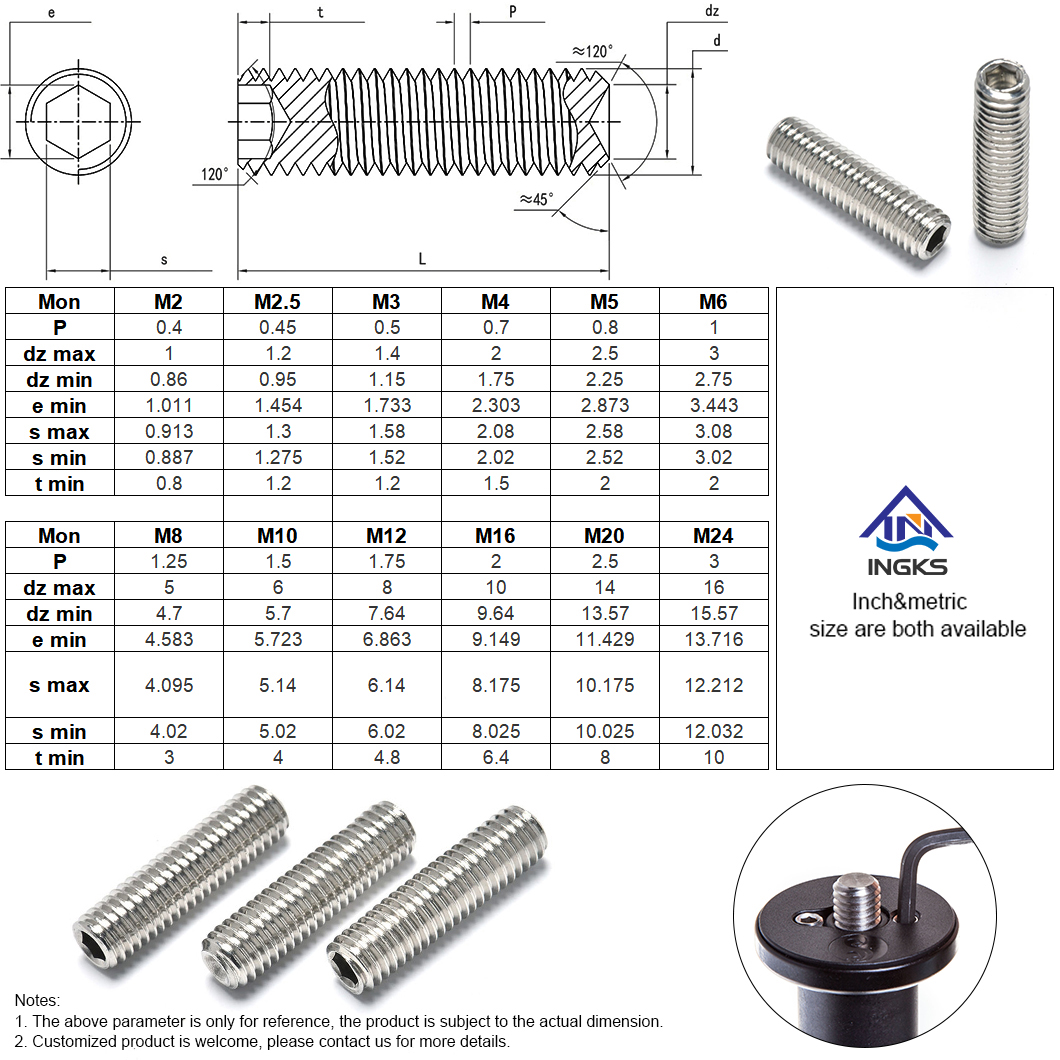 SS304 SS316 Parafuso de fixação de ponta hexagonal de tamanho métrico em polegadas (4)