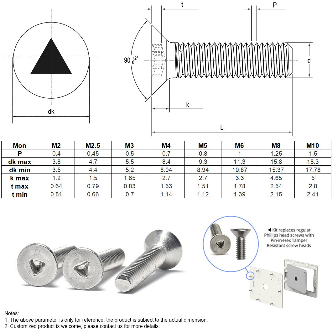 Parafuso de segurança de cabeça CSK com soquete triangular A2 A4 (1)